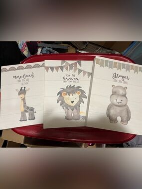 Nursery Animal Trio Canvas Prints - Giraffe, Lion, Hippo - Neutral Tones